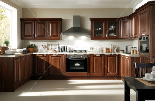 مطبخ بديكور داخلي عصري، تصميم فاخر باللون البني الداكن للأخشاب وطاولة الطعام، فنون الهندسة المعمارية المتميزة الحديثة، شقق وفلل سكنية في السعودية، استخدام الطراز الفني الراقي في الأثاث المنزلي