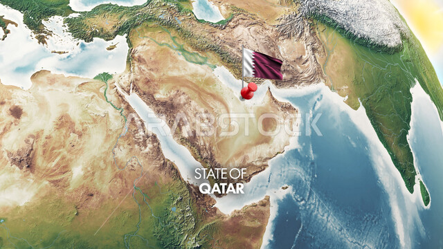 البلدان المجاورة لدولة قطر, العلم القطري مثبت على الخريطة, تعيين أماكن دول الخليج على الكرة الأرضية من الفضاء, تحديد الموقع بين دول العالم والوطن العربي, الحدود الجغرافية للأرض