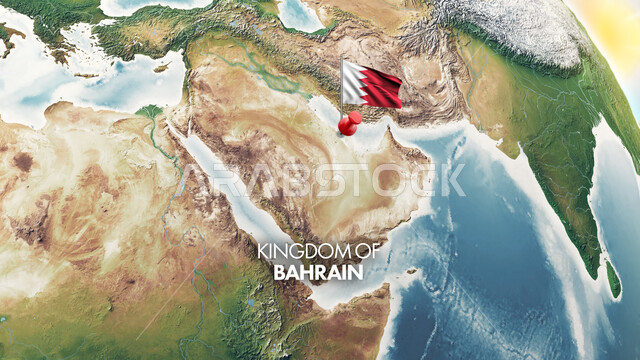 تحديد الموقع بين دول العالم والوطن العربي, الحدود الجغرافية للأرض, البلدان المجاورة لمملكة البحرين, العلم البحريني مثبت على الخريطة, تعيين أماكن دول الخليج على الكرة الأرضية من الفضاء