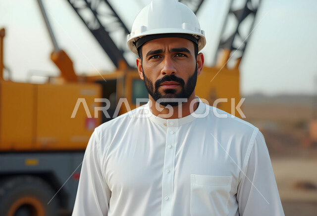 الإعمار بسواعد أبناء الوطن, العمل في القطاع الهندسي, الآلات والرافعات الثقيلة, مهن ووظائف هندسية, صورة مقربة لمهندس عربي خليجي سعودي يرتدي الثوب التقليدي وخوذة الحماية يقف في موقع البناء وينظر إلى الكاميرا