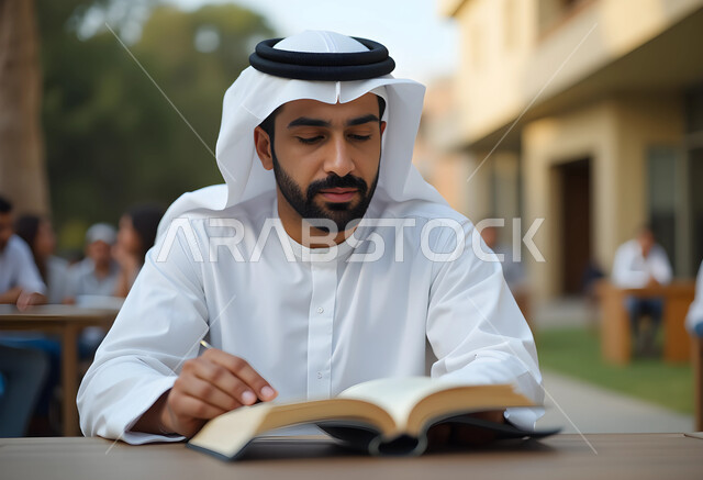 إنجاز المهام وحل الواجبات اليومية بالهواء الطلق, مفهوم القراءة والتعلم والثقف, قضاء وقت الفراغ بالمطالعة, صورة مقربة لشاب عربي خليجي سعودي يرتدي الثوب التقليدي والغترة البيضاء يجلس في الحديقة ويقرأ كتاب