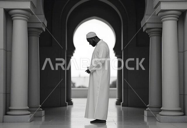 أداء فريضة الصلاة على وقتها, مفهوم العبادة والتقرب إلى الله تعالى, التعبد في بيت الرحمن, الفن الهندسي المعماري للمساجد, التصميم المميز للأعمدة والأقواس, صورة بالأبيض والأسود من الجانب لرجل عربي خليجي سعودي يرتدي الثوب التقليدي والطاقية البيضاء يقف داخل المسجد