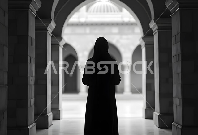 مفهوم العبادة والتقرب إلى الله تعالى, أداء فريضة الصلاة على وقتها, التعبد في بيت الرحمن, الفن الهندسي المعماري للمساجد, التصميم المميز للأعمدة والأقواس, صورة بالأبيض والأسود من الخلف لامرأة عربية خليجية سعودية محجبة ترتدي العباءة السوداء تقف داخل المسجد
