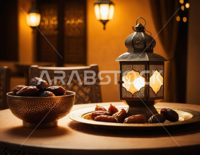 منتج محلي وطني سعودي, الاحتفال بالمناسبات الدينية الإسلامية, البهجة بقدوم رمضان المبارك, زينة واكسسوار شهر الخير, فانوس معدني مزخرف مضيء مع طبق من حبات التمر الصحي, ضيافة رمضانية تقليدية