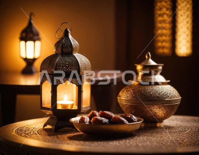 فانوس معدني مزخرف مضيء مع طبق من حبات التمر الصحي, ضيافة رمضانية تقليدية, منتج محلي وطني سعودي, الاحتفال بالمناسبات الدينية الإسلامية, البهجة بقدوم رمضان المبارك, زينة واكسسوار شهر الخير