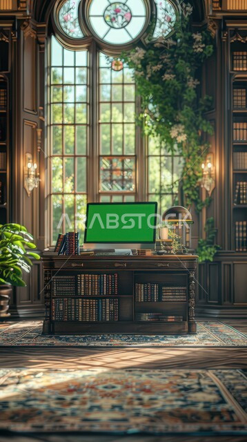 ديكور داخلي لمكتبة بواجهة زجاجية كبيرة, التصميم المميز للمكتبات في المملكة العربية السعودية, الاهتمام بنباتات الزينة الخضراء, استخدام التكنولوجيا الحديثة والمتطورة, عرض شاشة خضراء فارغة عبر جهاز الحاسوب, كروما