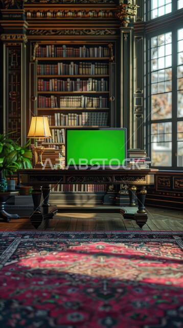 ديكور داخلي لمكتبة بواجهة زجاجية كبيرة, التصميم المميز للمكتبات في المملكة العربية السعودية, الاهتمام بنباتات الزينة الخضراء, استخدام التكنولوجيا الحديثة والمتطورة, عرض شاشة خضراء فارغة عبر جهاز الحاسوب, كروما