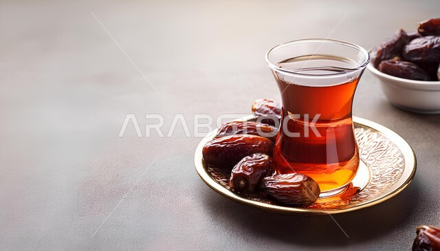 الاستمتاع بالمشروب الساخن, فنجان من الشاي مع حبات من التمر السكري الصحي, منتج محلي وطني سعودي, الرطب الخليجي الفاخر, الضيافة العربية التقليدية, حسن الاستقبال في المملكة العربية السعودية