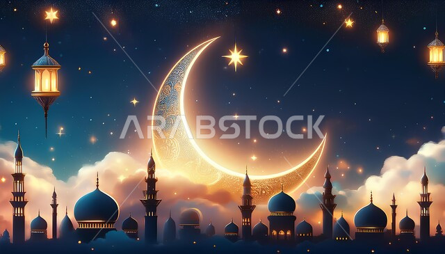 الفن الهندسي المعماري لبناء المساجد على الطراز العربي الإسلامي, الاحتفال بالمناسبات الدينية الإسلامية, البهجة بقدوم شهر رمضان المبارك, التصميم المميز للقبب والمآذن, منظر الهلال المضيء والغيوم في السماء