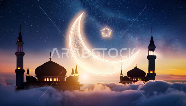 الاحتفال بالمناسبات الدينية الإسلامية, الفن الهندسي المعماري لبناء المساجد على الطراز العربي الإسلامي, البهجة بقدوم شهر رمضان المبارك, التصميم المميز للقبب والمآذن, منظر الهلال المضيء والغيوم في السماء