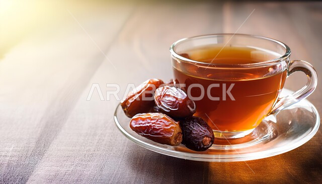 فنجان من الشاي مع حبات من التمر السكري الصحي, الاستمتاع بالمشروب الساخن, منتج محلي وطني سعودي, الرطب الخليجي الفاخر, الضيافة العربية التقليدية, حسن الاستقبال في المملكة العربية السعودية