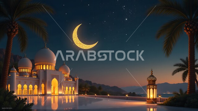 الاحتفال بالمناسبات الدينية الإسلامية, الفن الهندسي المعماري لبناء المساجد على الطراز العربي, البهجة بقدوم شهر رمضان المبارك, نداء المسلمين لأداء فريضة الصلاة, منظر الهلال والنجوم في السماء، فانوس معدني بجانب مسجد مضيء محاط بأشجار النخيل في الليل