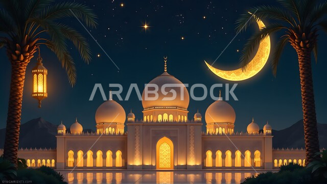 نداء المسلمين لأداء فريضة الصلاة, منظر الهلال والنجوم في السماء، الاحتفال بالمناسبات الدينية الإسلامية, الفن الهندسي المعماري لبناء المساجد على الطراز العربي, البهجة بقدوم شهر رمضان المبارك, فانوس معدني بجانب مسجد مضيء محاط بأشجار النخيل في الليل