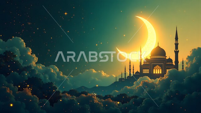 الفن الهندسي المعماري على الطراز الاسلامي لقبب ومآذن المساجد في المملكة العربية السعودية، منظر الهلال والغيوم والنجوم اللامعة في السماء، صورة ظلية لمسجد في الليل، مفهوم العبادة والتقرب إلى الله تعالى, نداء المسلمين لأداء فريضة الصلاة, سالوييت