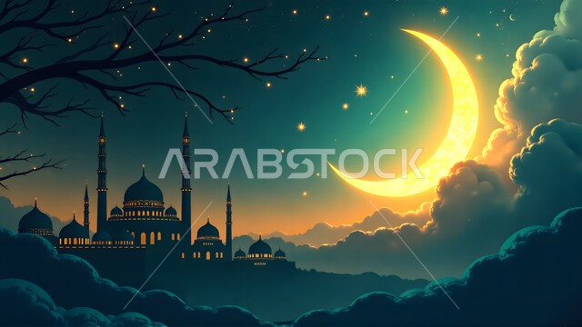 منظر الهلال والغيوم والنجوم اللامعة في السماء، صورة ظلية لمسجد في الليل، مفهوم العبادة والتقرب إلى الله تعالى, الفن الهندسي المعماري على الطراز الاسلامي لقبب ومآذن المساجد في المملكة العربية السعودية، نداء المسلمين لأداء فريضة الصلاة, سالوييت