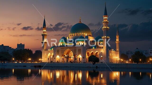 نداء المسلمين لأداء الفرائض والصلاة في وقتها، الفن الهندسي المعماري على الطراز الاسلامي لقبب ومآذن المساجد في المملكة العربية السعودية، مفهوم العبادة والتقرب إلى الله تعالى, انعكاس مسجد عربي عريق مضاء على المياه عند غروب الشمس