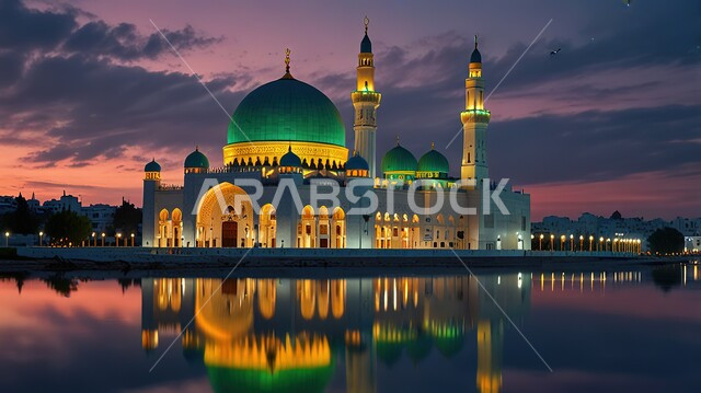 مفهوم العبادة والتقرب إلى الله تعالى, نداء المسلمين لأداء الفرائض والصلاة في وقتها، الفن الهندسي المعماري على الطراز الاسلامي لقبب ومآذن المساجد في المملكة العربية السعودية، انعكاس مسجد عربي عريق مضاء على المياه عند غروب الشمس