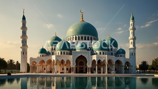 انعكاس مسجد عربي عريق على المياه في النهار، الفن الهندسي المعماري على الطراز الاسلامي لقبب ومآذن المساجد في المملكة العربية السعودية، مفهوم العبادة والتقرب إلى الله تعالى, نداء المسلمين لأداء الفرائض والصلاة في وقتها