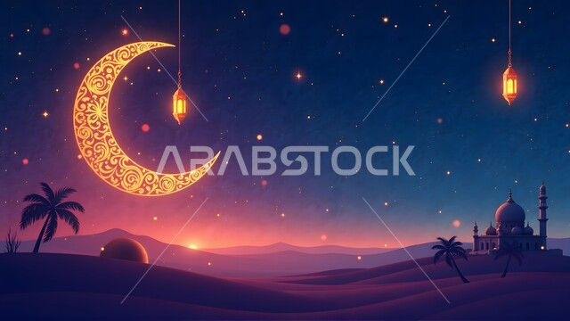 نداء المسلمين لأداء الصلاة, مجموعة فوانيس معلقة مضاءة، صورة ظلية لمسجد وسط الصحراء عند الغروب، الفن المعماري على الطراز الاسلامي لقبب ومآذن المساجد، الاحتفال بقدوم شهر رمضان المبارك، العبادة والتقرب إلى الله تعالى, منظر الهلال والنجوم اللامعة في السماء، سالوييت