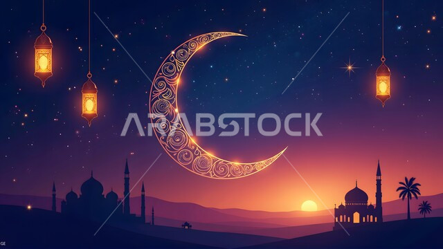 العبادة والتقرب إلى الله تعالى, مجموعة فوانيس معلقة مضاءة، صورة ظلية لمسجد وسط الصحراء عند الغروب، الفن المعماري على الطراز الاسلامي لقبب ومآذن المساجد، الاحتفال بقدوم شهر رمضان المبارك، منظر الهلال والنجوم اللامعة في السماء، نداء المسلمين لأداء الصلاة, سالوييت
