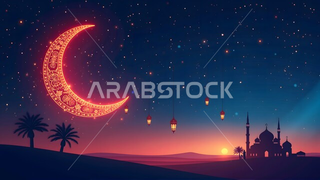 Celebrating the advent of the holy month of Ramadan, worship and drawing closer to Allah, a group of hanging lit lanterns, a silhouette of a mosque in the middle of the desert at sunset, Islamic architecture of mosque domes and minarets, a view of the crescent moon and shining stars in the sky, the call of Muslims to prayer, Saluit