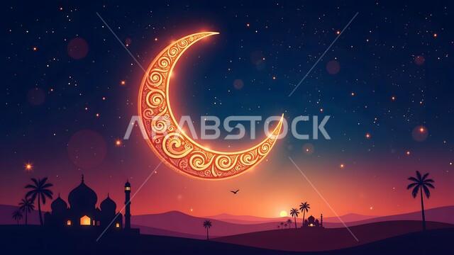 الفن المعماري على الطراز الاسلامي لقبب ومآذن المساجد، نداء المسلمين لأداء الصلاة, صورة ظلية لمسجد وسط الصحراء عند الغروب، الاحتفال بقدوم شهر رمضان المبارك، العبادة والتقرب إلى الله تعالى, منظر الهلال والنجوم اللامعة في السماء، سالوييت