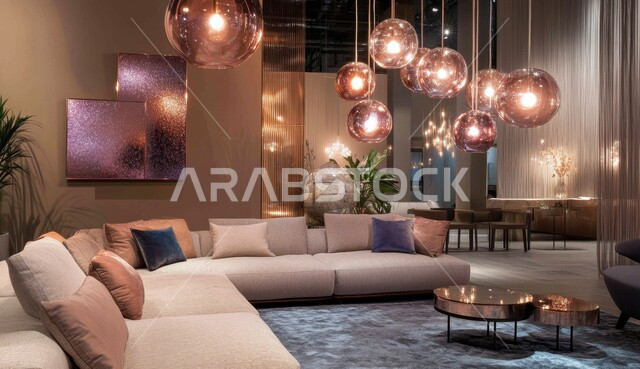 Unique architectural decorations in new residential apartments and villas, living room with luxurious modern designs, modern interior decoration for a living room, high-end contemporary style home furniture, accessories, lighting and artistic decorations