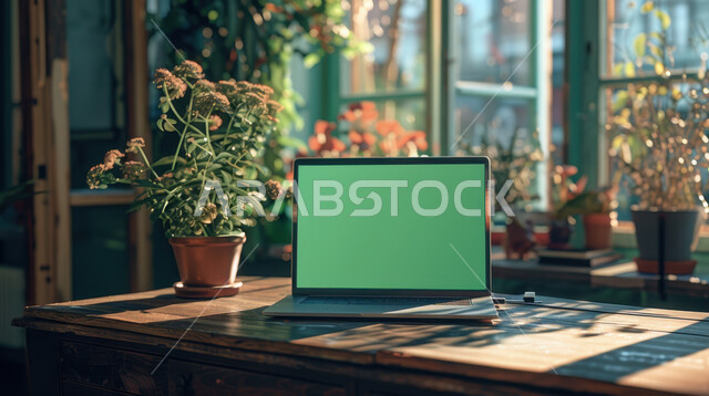 التصميم المميز للغرف في المملكة العربية السعودية, عرض شاشة خضراء فارغة عبر حاسوب محمول موضوع على طاولة خشبية, استخدام جهاز تقني حديث متطور، الاهتمام بنبات الزينة الأخضر, كروما