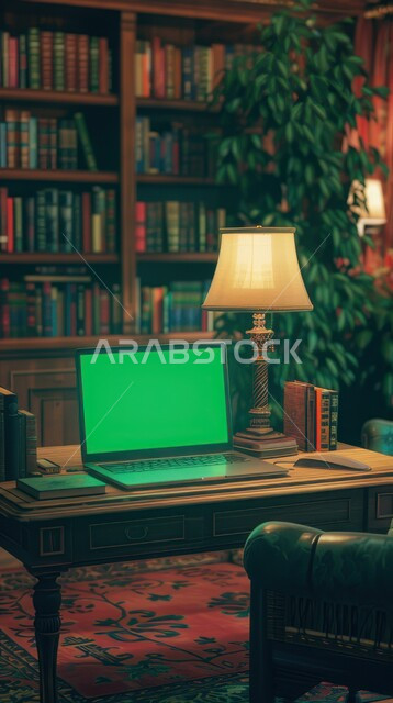 ديكور داخلي لمكتبة كبيرة, عرض شاشة خضراء فارغة عبر حاسوب محمول موضوع على طاولة خشبية, التصميم المميز للمكتبات في المملكة العربية السعودية, استخدام جهاز تقني حديث متطور، الاهتمام بنبات الزينة الأخضر, كروما