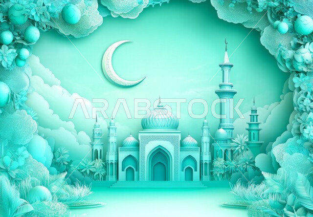 تصميم لقالب تهنئة بالشهر الفضيل، مجسم ثلاثي الابعاد لجامع باللون الأزرق مع هلال رمضان المبارك, أجواء رمضانية روحانية إسلامية, العبادة والتقرب الى الله تعالى, التصاميم العصرية على الطراز الحديث لبناء المساجد, خلفية زرقاء