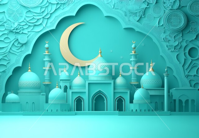 مجسم ثلاثي الابعاد لجامع باللون الأزرق مع هلال رمضان المبارك, أجواء رمضانية روحانية إسلامية, العبادة والتقرب الى الله تعالى, تصميم لقالب تهنئة بالشهر الفضيل، التصاميم العصرية على الطراز الحديث لبناء المساجد, خلفية زرقاء