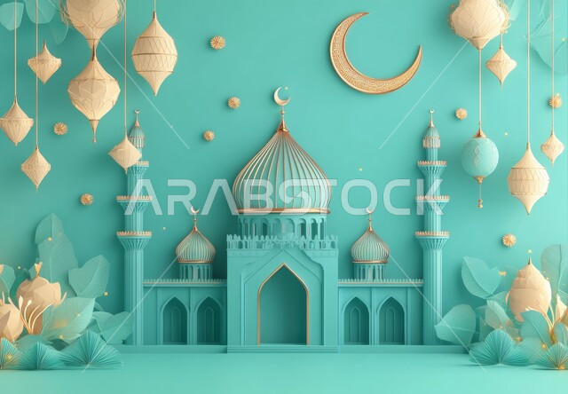 مجسم ثلاثي الابعاد لجامع باللون الأزرق مع هلال رمضان المبارك, أجواء رمضانية روحانية إسلامية, العبادة والتقرب الى الله تعالى, تصميم لقالب تهنئة بالشهر الفضيل، التصاميم العصرية على الطراز الحديث لبناء المساجد, خلفية زرقاء