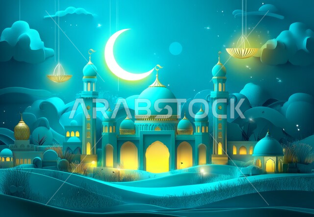 تصميم لقالب تهنئة بالشهر الفضيل، مجسم ثلاثي الابعاد لجامع باللون الأزرق مع هلال رمضان المبارك, أجواء رمضانية روحانية إسلامية, العبادة والتقرب الى الله تعالى, التصاميم العصرية على الطراز الحديث لبناء المساجد, خلفية زرقاء
