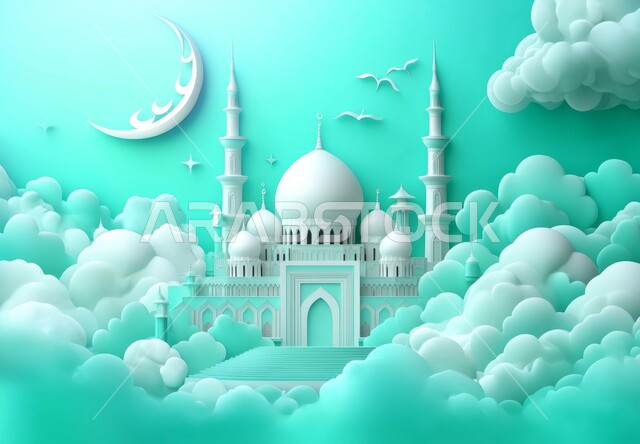 مجسم ثلاثي الابعاد لجامع باللون الأزرق مع هلال رمضان المبارك, أجواء رمضانية روحانية إسلامية, العبادة والتقرب الى الله تعالى, تصميم لقالب تهنئة بالشهر الفضيل، التصاميم العصرية على الطراز الحديث لبناء المساجد, خلفية زرقاء