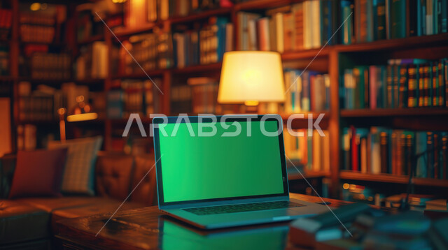 استخدام التكنولوجيا وجهاز تقني حديث متطور، الديكور الداخلي لمكتبة، التصميم المميز للمكتبات في المملكة العربية السعودية, عرض شاشة خضراء فارغة عبر حاسوب محمول موضوع على طاولة, كروما