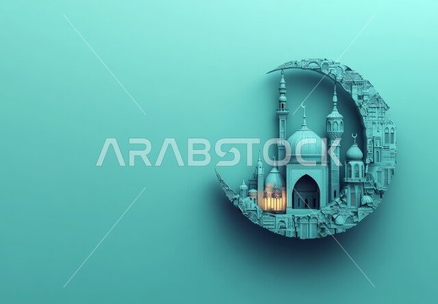 الفانوس المضيء المعلق والزينة الرمضانية، أجواء روحانية إسلامية, تصميم لقالب تهنئة بالشهر الفضيل، مجسم ثلاثي الابعاد لجامع باللون الأزرق مع هلال رمضان المبارك, العبادة والتقرب الى الله تعالى, التصاميم العصرية على الطراز الحديث لبناء المساجد, خلفية زرقاء