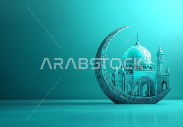 أجواء رمضانية روحانية إسلامية, تصميم لقالب تهنئة بالشهر الفضيل، مجسم ثلاثي الابعاد لجامع باللون الأزرق مع هلال رمضان المبارك, العبادة والتقرب الى الله تعالى, التصاميم العصرية على الطراز الحديث لبناء المساجد, خلفية زرقاء