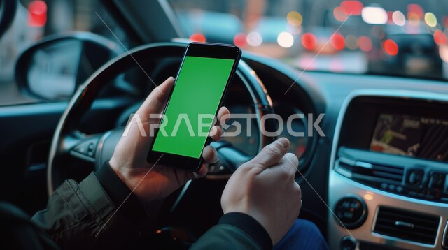 برامج وتطبيقات الجوال، مفهوم القيادة في المملكة العربية السعودية، استخدام جهاز تقني حديث متطور، صورة مقربة ليد رجل عربي خليجي سعودي يجلس داخل السيارة يمسك الهاتف المحمول، عرض شاشة خضراء فارغة, دمج التكنولوجيا بالحياة العملية، كروما