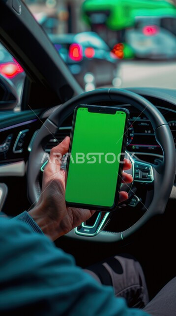 مفهوم القيادة في المملكة العربية السعودية، استخدام جهاز تقني حديث متطور، صورة مقربة ليد رجل عربي خليجي سعودي يجلس داخل السيارة يمسك الهاتف المحمول، عرض شاشة خضراء فارغة, دمج التكنولوجيا بالحياة العملية، برامج وتطبيقات الجوال، كروما