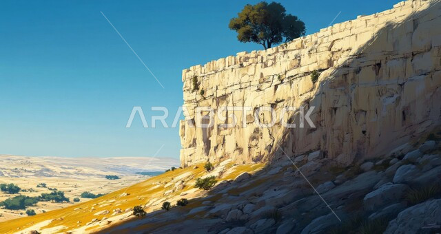 نمو الأشجار والنباتات الخضراء على الصخور والجبال، القمم والمرتفعات الجبلية في السعودية، شجرة خضراء مورقة على سفح جبلي عالي، التضاريس الصخرية والمنحدرات الوعرة، المناظر الطبيعية والأماكن السياحية في المملكة