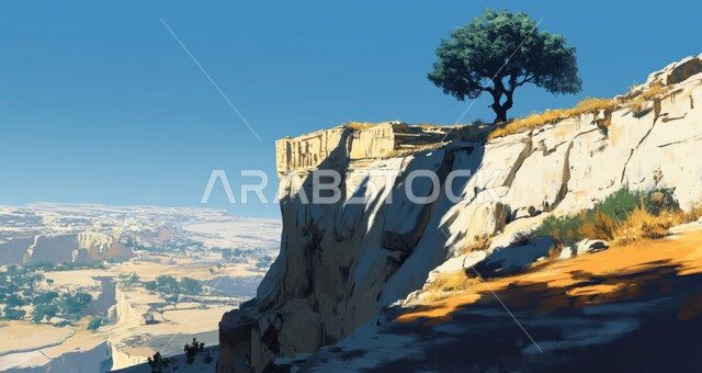 نمو الأشجار والنباتات الخضراء على الصخور والجبال، القمم والمرتفعات الجبلية في السعودية، شجرة خضراء مورقة على سفح جبلي عالي، التضاريس الصخرية والمنحدرات الوعرة، المناظر الطبيعية والأماكن السياحية في المملكة