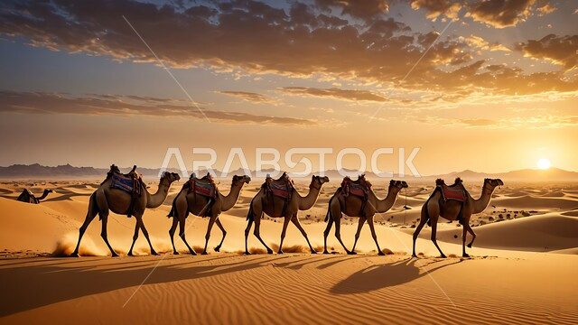 قافلة من حيوان الجمل تسير على الرمال الذهبية الناعمة في الصحراء في وقت غروب الشمس، التشكيلات والتكوينات والكثبان الرملية, الاهتمام بالابل في صحاري المملكة العربية السعودية, محمية طبيعية لتربية الجمال في المناطق الصحراوية