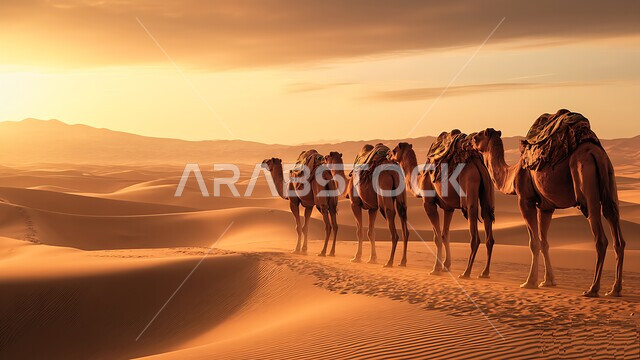 التشكيلات والتكوينات والكثبان الرملية, الاهتمام بالابل في صحاري المملكة العربية السعودية, محمية طبيعية لتربية الجمال في المناطق الصحراوية, قافلة من حيوان الجمل تسير على الرمال الذهبية الناعمة في الصحراء في وقت غروب الشمس