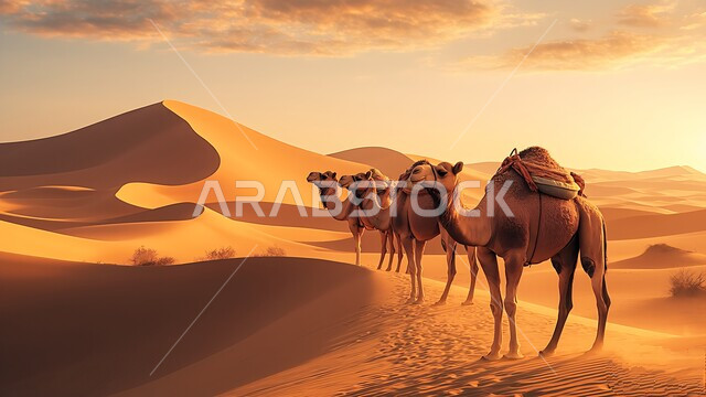 محمية طبيعية لتربية الجمال في المناطق الصحراوية, التشكيلات والتكوينات والكثبان الرملية, الاهتمام بالابل في صحاري المملكة العربية السعودية, قافلة من حيوان الجمل تسير على الرمال الذهبية الناعمة في الصحراء في وقت غروب الشمس
