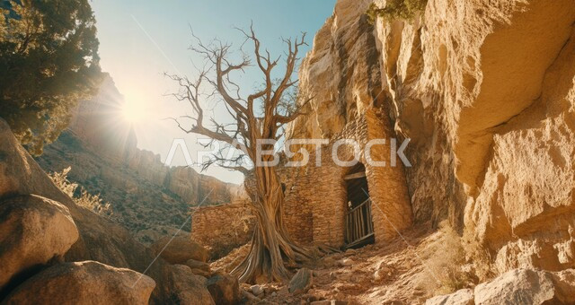 المناظر الطبيعية والمناخ القاسي الجاف في صحراء المملكة، شجرة ذات أغصان بدون أوراق في سفح الوادي، القمم والمرتفعات الجبلية في السعودية، نمو الأشجار والنباتات في مناطق الصخور والجبال، التضاريس والتكوينات الصخرية والمنحدرات الوعرة