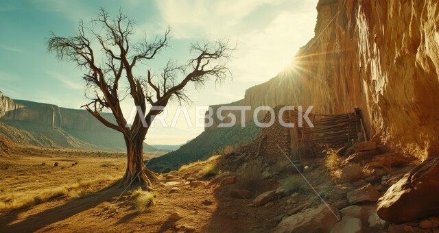 شجرة ذات أغصان بدون أوراق في سفح الوادي، القمم والمرتفعات الجبلية في السعودية، نمو الأشجار والنباتات في مناطق الصخور والجبال، التضاريس والتكوينات الصخرية والمنحدرات الوعرة، المناظر الطبيعية والمناخ القاسي الجاف في صحراء المملكة