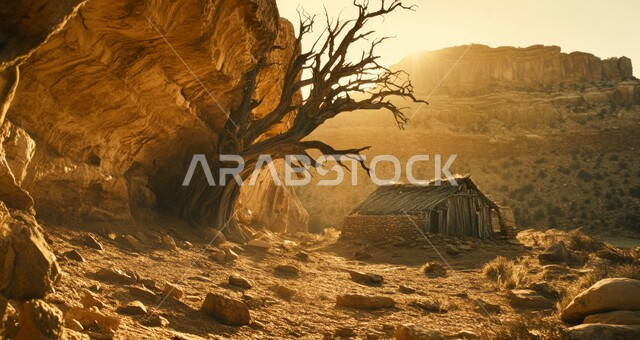 المناظر الطبيعية والمناخ القاسي الجاف في صحراء المملكة، شجرة ذات أغصان بدون أوراق في سفح الوادي، القمم والمرتفعات الجبلية في السعودية، نمو الأشجار والنباتات في مناطق الصخور والجبال، التضاريس والتكوينات الصخرية والمنحدرات الوعرة