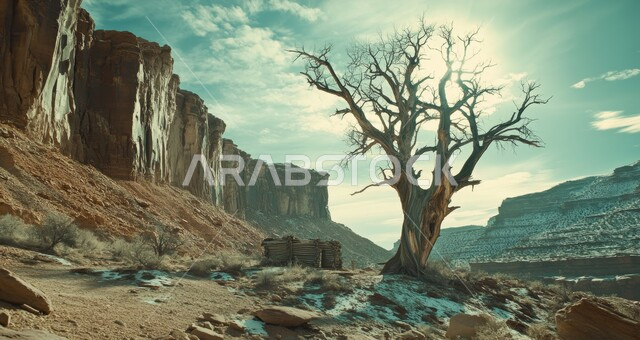 المناظر الطبيعية والمناخ القاسي الجاف في صحراء المملكة، شجرة ذات أغصان بدون أوراق في سفح الوادي، القمم والمرتفعات الجبلية في السعودية، نمو الأشجار والنباتات في مناطق الصخور والجبال، التضاريس والتكوينات الصخرية والمنحدرات الوعرة