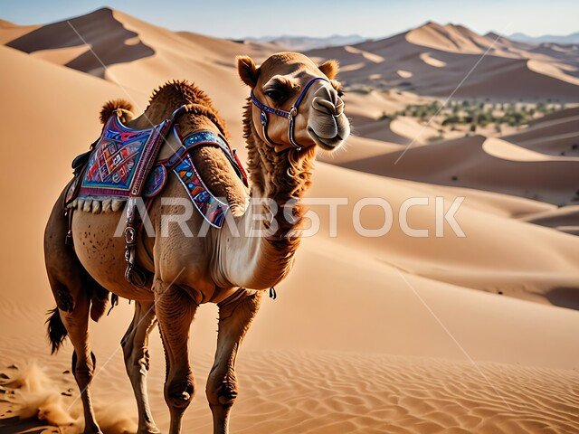 الاهتمام بالابل في صحاري المملكة العربية السعودية، محمية طبيعية لتربية الجمال في المناطق الصحراوية، حيوان الجمل يسير على الرمال الذهبية الناعمة في الصحراء في النهار، التشكيلات والتكوينات والكثبان الرملية