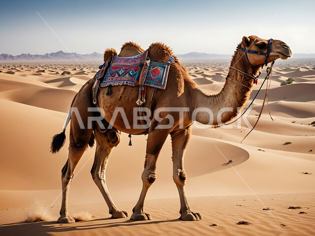 محمية طبيعية لتربية الجمال في المناطق الصحراوية، حيوان الجمل يسير على الرمال الذهبية الناعمة في الصحراء في النهار، التشكيلات والتكوينات والكثبان الرملية، الاهتمام بالابل في صحاري المملكة العربية السعودية